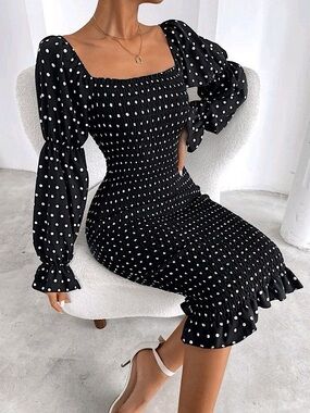 Black Puffed Long Sleeve Off Shoulder Shirred Bodycon Dress Coquette Girl